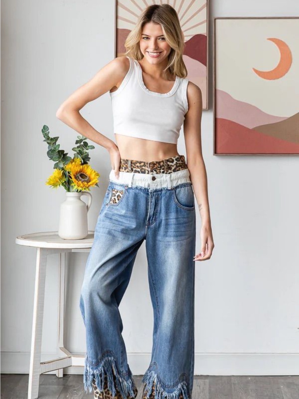 Oli & Hali NWOT Blue Wide-Leg Fringe Jeans with Leopard Trim